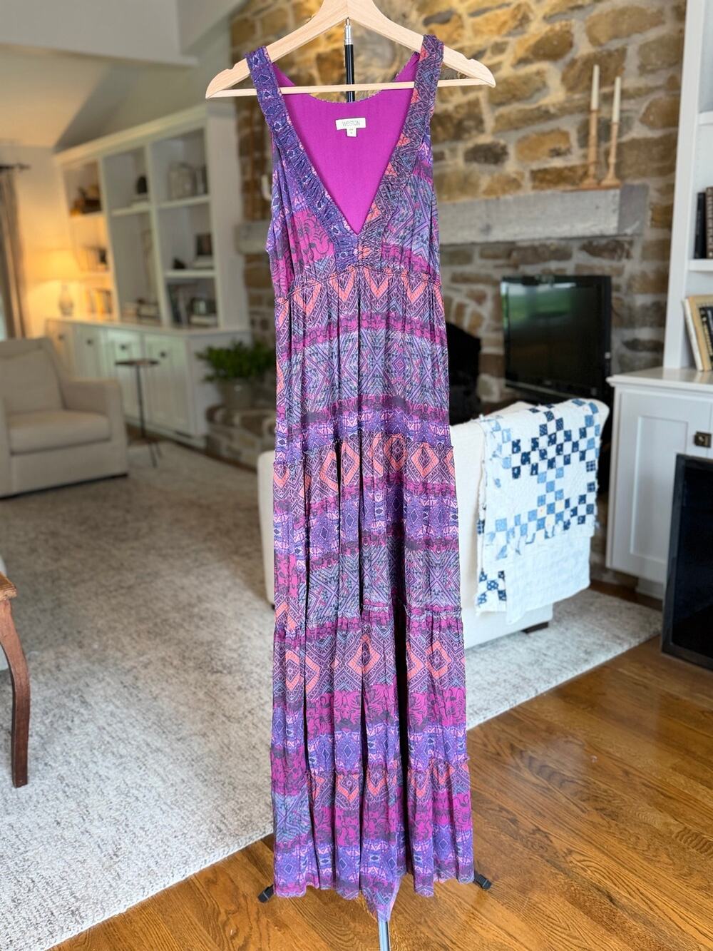 💜🌸 Anthropologie Weston Wear Boho Tiered Maxi Dress | Size S | Purple | Fall